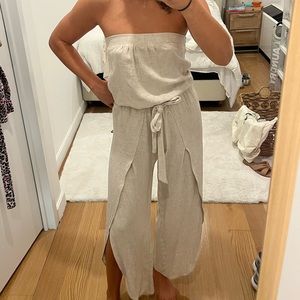 Beige strapless linen romper